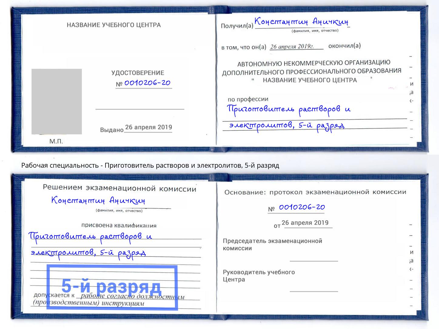 корочка 5-й разряд Приготовитель растворов и электролитов Чебоксары