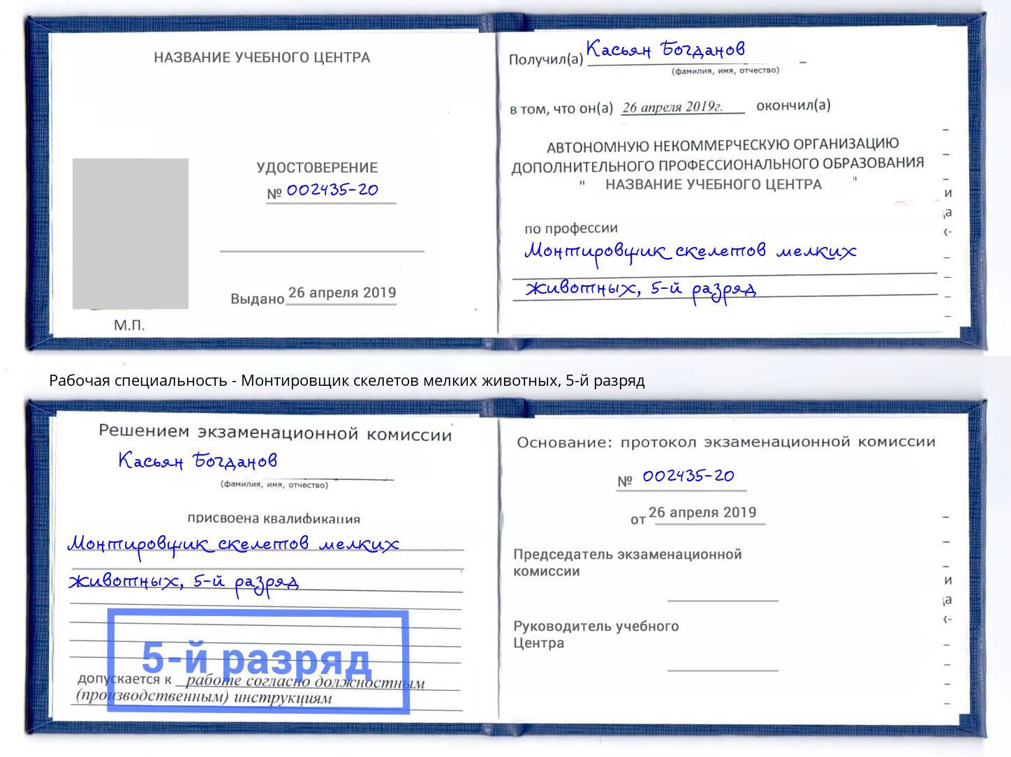 корочка 5-й разряд Монтировщик скелетов мелких животных Чебоксары