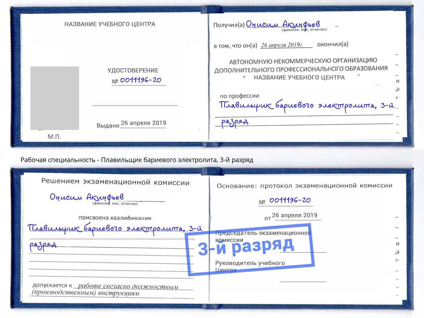 корочка 3-й разряд Плавильщик бариевого электролита Чебоксары