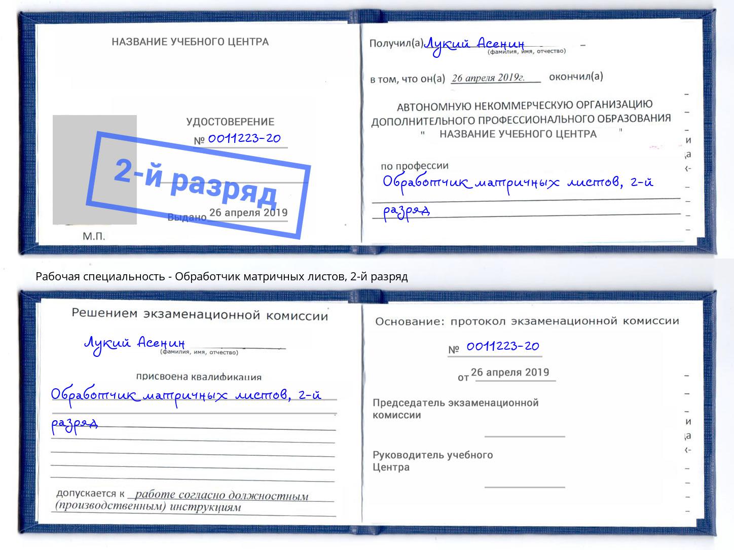 корочка 2-й разряд Обработчик матричных листов Чебоксары