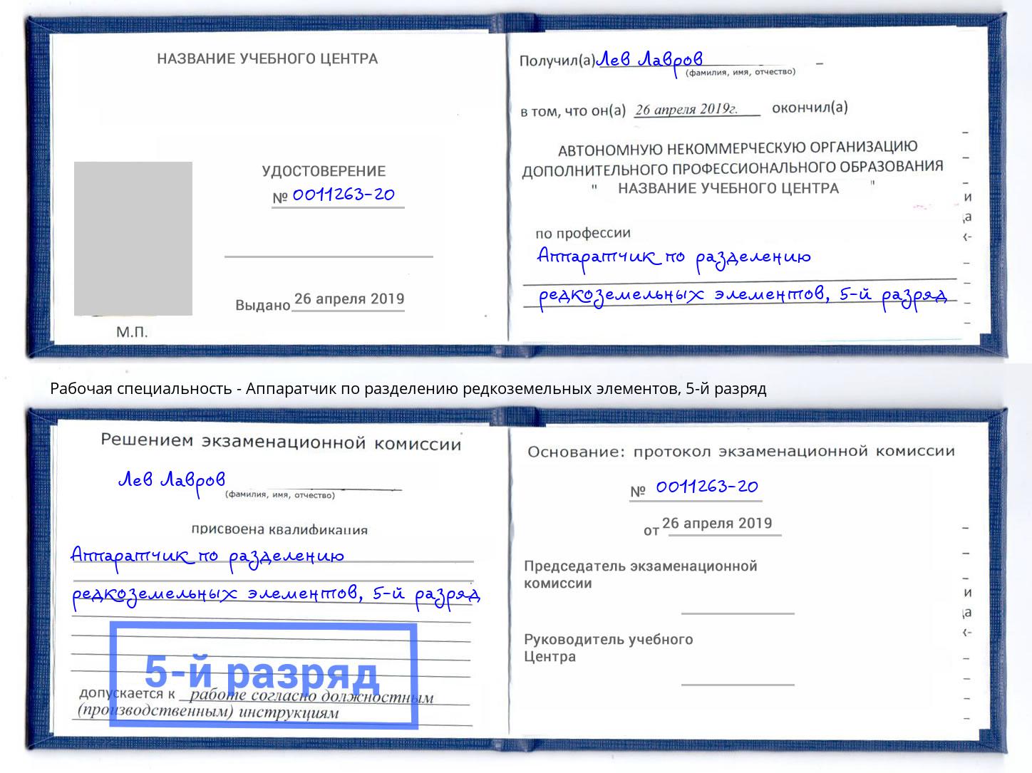 корочка 5-й разряд Аппаратчик по разделению редкоземельных элементов Чебоксары