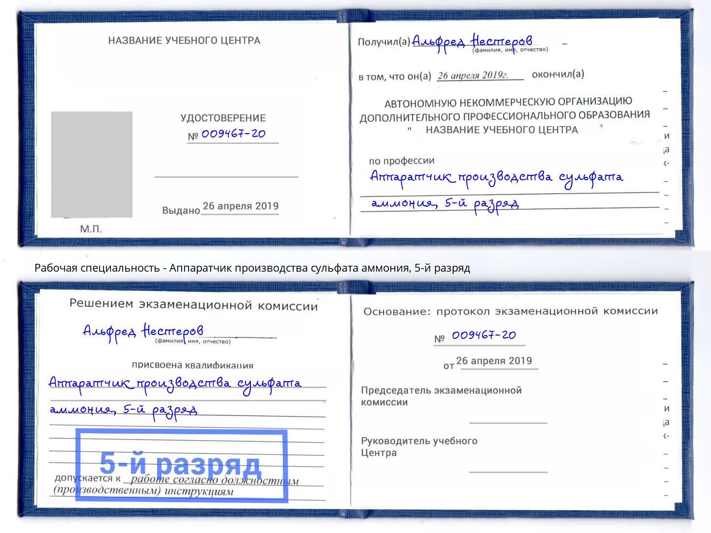 корочка 5-й разряд Аппаратчик производства сульфата аммония Чебоксары